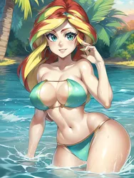 Size: 1020x1360 | Tagged: suggestive, derpibooru import, editor:sammykun, machine learning assisted, machine learning generated, stable diffusion, sunset shimmer, human, ai content, atlantis: the lost empire, belly, belly button, breasts, clothes, cosplay, costume, crossover, female, humanized, image, jungle, kidagakash cosplay, legs in the water, lips, looking at you, midriff, partially submerged, plants, png, prompter:sammykun, reasonably sized breasts, sexy, smiling, solo, strapless, tropical, tube top, water, wide hips