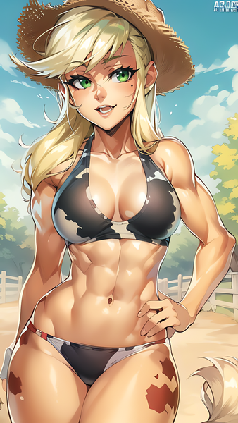 Size: 864x1536 | Tagged: suggestive, derpibooru import, machine learning generated, applejack, human, equestria girls, abs, ai content, applejacked, belly, belly button, bikini, breasts, busty applejack, clothes, cowboy hat, cowprint, female, hand on hip, hat, humanized, image, lips, looking at you, midriff, muscles, open mouth, outdoors, png, reasonably sized breasts, sexy, sky, smiling, solo, stupid sexy applejack, swimsuit, tanned, thighs, tree, wide hips