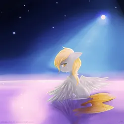 Size: 5000x5000 | Tagged: safe, artist:chokico, derpibooru import, derpy hooves, pegasus, pony, absurd resolution, crying, female, image, looking at you, looking back, looking back at you, mare, moonlight, png, pond, sad, sitting, solo, spread wings, stars, water, wings