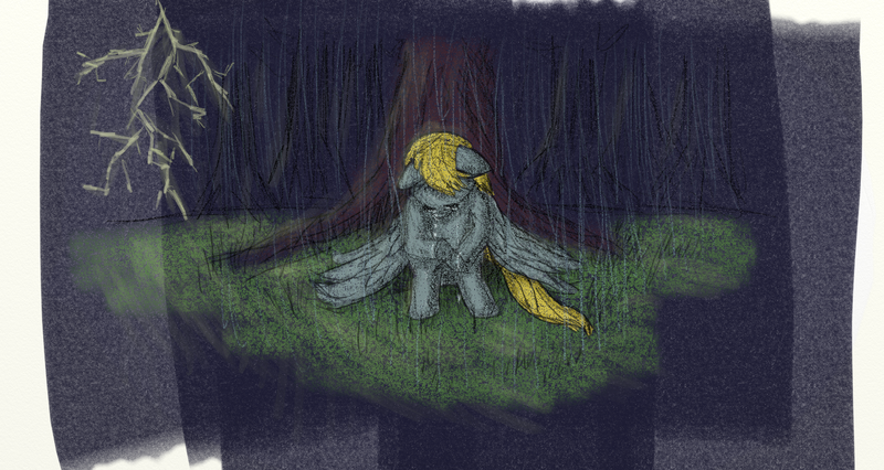 Size: 1366x728 | Tagged: safe, artist:2edflames, derpibooru import, derpy hooves, pegasus, pony, crying, derpygate, female, image, looking down, mare, png, rain, sitting, solo, tree, wings, wings down