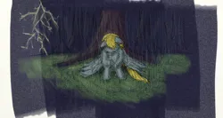 Size: 1366x728 | Tagged: safe, artist:2edflames, derpibooru import, derpy hooves, pegasus, pony, crying, derpygate, female, image, looking down, mare, png, rain, sitting, solo, tree, wings, wings down