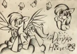 Size: 3443x2429 | Tagged: safe, artist:lydia, derpibooru import, derpy hooves, pegasus, pony, bubble, cloud, cute, eating, flying, food, image, jpeg, monochrome, muffin, on a cloud, pencil drawing, sketch, sky, solo, spread wings, traditional art, wings