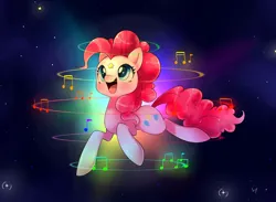 Size: 1679x1231 | Tagged: safe, artist:pegasisters82, derpibooru import, pinkie pie, earth pony, pony, female, floating, forehead jewel, image, jpeg, mare, music notes, open mouth, open smile, smiling, solo, space, stars