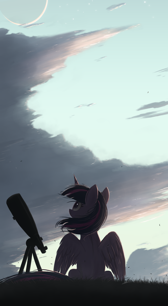 Size: 1125x2049 | Tagged: safe, artist:ncmares, derpibooru import, twilight sparkle, twilight sparkle (alicorn), alicorn, pony, cloud, crescent moon, female, image, long tail, looking up, mare, moon, partially open wings, phone wallpaper, png, scenery, sitting, sky, solo, spine, spread wings, stargazing, stars, tail, telescope, twilight (astronomy), wind, windswept mane, wings