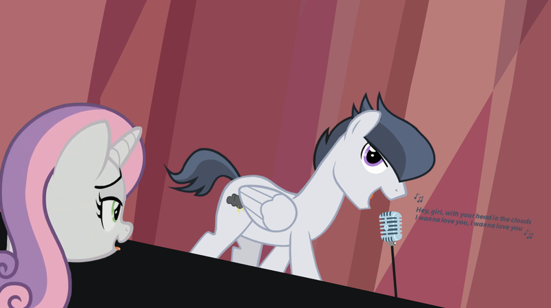 Size: 1364x764 | Tagged: safe, artist:lunaticdawn, derpibooru import, rumble, sweetie belle, pegasus, pony, unicorn, bedroom eyes, drool, female, image, male, mare, microphone, oh no he's hot, older, older rumble, older sweetie belle, png, rumbelle, shipping, show accurate, singing, spongebob squarepants, squilliam returns, stage, stallion, standing, straight, text, tongue out