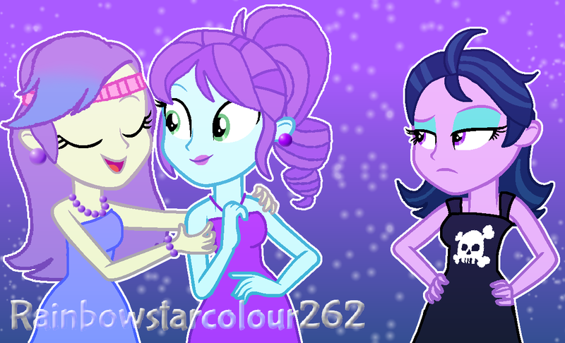 Size: 1162x706 | Tagged: safe, artist:rainbowstarcolour262, derpibooru import, crystal lullaby, snow flower, zephyr, human, equestria girls, bare shoulders, black dress, blue dress, bracelet, clothes, dress, dyed hair, ear piercing, earring, eyes closed, eyeshadow, female, gradient background, green eyes, hand on hip, hand on shoulder, headband, image, jewelry, lidded eyes, lipstick, long hair, looking at each other, looking at someone, makeup, necklace, pearl bracelet, pearl necklace, piercing, png, ponytail, purple dress, purple eyes, short hair, signature, sleeveless, sleeveless dress, strapless, strapless dress, trio, trio female, unamused