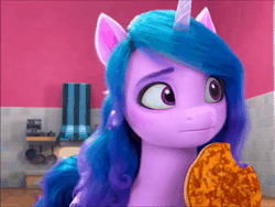 Size: 480x361 | Tagged: safe, derpibooru import, screencap, izzy moonbow, pony, unicorn, g5, my little pony: make your mark, spoiler:g5, spoiler:my little pony: make your mark, spoiler:my little pony: make your mark chapter 4, spoiler:mymc04e01, animated, bridlewoodstock, cropped, cute, eating, female, floppy ears, food, gif, head tilt, i watch it for the ears, image, izzybetes, mare, my little pony: make your mark chapter 4, nervous, nodding, nom, pancakes, solo