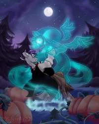 Size: 4840x6050 | Tagged: safe, artist:silverfir, derpibooru import, oc, ghost, ghost pony, pony, undead, bow, cloak, clothes, cloud, cloudy, corset, dancing, dress, forest, heart, image, long hair, long mane, long tail, magic, moon, night, night sky, png, pumpkin, raised hoof, sad, shooting star, sky, smiling, spread wings, spruce tree, stars, tail, tree, wind, windswept mane, wings