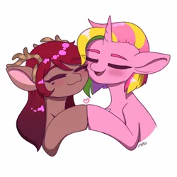 Size: 1500x1500 | Tagged: safe, artist:koapony, derpibooru import, oc, unofficial characters only, pony, unicorn, :3, antlers, blushing, cuddling, eyebrows, eyebrows visible through hair, eyes closed, floppy ears, happy, heart, image, jpeg, open mouth, open smile, simple background, smiling, touching hooves, white background