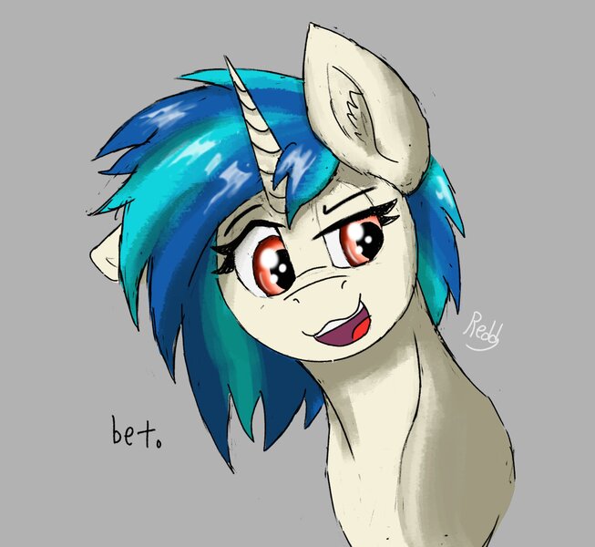 Size: 2152x1977 | Tagged: safe, artist:reddthebat, derpibooru import, vinyl scratch, pony, unicorn, bet, bust, female, gray background, image, jpeg, mare, missing accessory, open mouth, open smile, simple background, smiling, solo