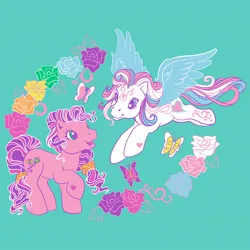 Size: 1080x1080 | Tagged: safe, derpibooru import, official, skywishes, star catcher, butterfly, earth pony, insect, pegasus, pony, g3, duo, duo female, female, flower, hasbro, image, implied lesbian, jpeg, lesbian, lgbt, pride month, rainbow colors, shipping, shipping fuel, simple background, skycatcher, t shirt design, teal background, transgender