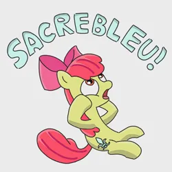 Size: 2048x2048 | Tagged: safe, artist:borgib, derpibooru import, apple bloom, earth pony, pony, the cutie pox, alternate cutie mark, female, filly, foal, french, image, open mouth, png, sacrebloom, simple background, sitting, solo, white background