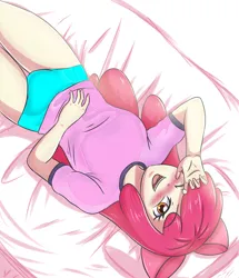 Size: 3530x4096 | Tagged: suggestive, artist:sumin6301, derpibooru import, edit, apple bloom, equestria girls, bed, breasts, busty apple bloom, clothes, eye closed, female, hand covering eye, hand on stomach, image, jpeg, legs together, light blue panties, light blue underwear, lying down, older, older apple bloom, on bed, panties, pillow, pink sheets, pink shirt, red bow, red hair, simple background, solo, solo female, sports panties, stupid sexy apple bloom, underwear