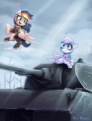 Size: 2192x2890 | Tagged: safe, artist:opal_radiance, derpibooru import, oc, oc:anja, oc:opal rosamond, unofficial characters only, pegasus, pony, equestria at war mod, clothes, duo, duo female, female, image, mare, maus tank, pegasus oc, png, smiling, snow, suit, tank (vehicle), uniform, white, wings, world war ii