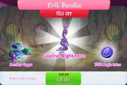 Size: 1271x856 | Tagged: safe, derpibooru import, idw, official, unnamed character, bundle, bush, cage, costs real money, english, gameloft, idw showified, image, jpeg, magic coins, mobile game, my little pony: magic princess, nightmare creature, nightmare forces, numbers, sale, solo, solo focus, text, unnamed nightmare forces