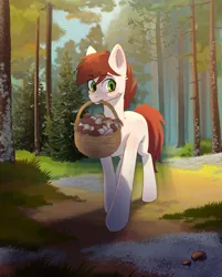 Size: 2328x2894 | Tagged: artist needed, source needed, safe, derpibooru import, oc, earth pony, basket, carrying, forest, image, jpeg, light rays, mouth hold, mushroom, solo, tree