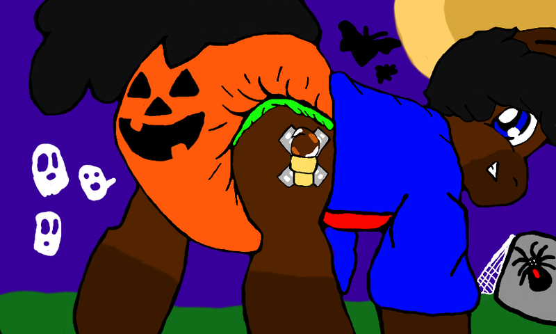 Size: 854x512 | Tagged: suggestive, artist:cavewolfphil, derpibooru import, oc, earth pony, ghost, pony, spider, undead, clothes, diaper, diaper fetish, fetish, gravestone, halloween, holiday, image, jack-o-lantern, jacket, male, moon, non-baby in diaper, png, poofy diaper, pumpkin, pumpkin diaper, rear view, spider web, stallion