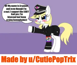 Size: 592x499 | Tagged: safe, artist:aryannespetfemboy, derpibooru import, oc, oc:aryanne, pony, armband, based, bisexual, blue eyes, clothes, eye clipping through hair, fact, female, image, lgbt, mare, nazi, nazi armband, nazi uniform, png, pride, uniform