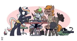Size: 3400x1800 | Tagged: safe, artist:wandrevieira1994, derpibooru import, oc, oc:calamity, oc:littlepip, oc:velvet remedy, unofficial characters only, pegasus, pony, unicorn, fallout equestria, battle saddle, eating, food, gun, handgun, hat, image, little macintosh, magic, meat, nuka cola, png, ponies eating meat, raised hoof, revolver, simple background, sitting, table, telekinesis, weapon