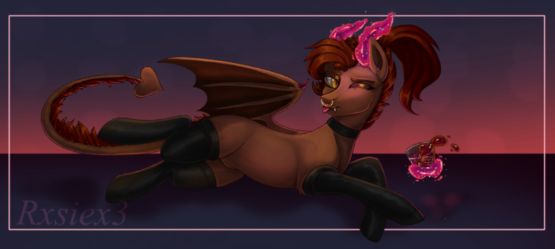 Size: 2000x900 | Tagged: safe, artist:rxsiex3, derpibooru import, oc, oc:whiskey dreams, unofficial characters only, demon, demon pony, original species, alcohol, image, png