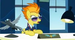 Size: 2160x1176 | Tagged: safe, derpibooru import, screencap, spitfire, pegasus, pony, wonderbolts academy, clothes, desk, desk lamp, drill sergeant, female, image, jpeg, lamp, mare, necktie, office, solo, spitfire's office, suit, sunglasses, uniform, window, wonderbolts dress uniform