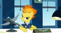 Size: 2160x1200 | Tagged: safe, derpibooru import, screencap, spitfire, pegasus, pony, wonderbolts academy, clothes, desk, desk lamp, drill sergeant, female, image, jpeg, lamp, mare, necktie, solo, spitfire's office, suit, sunglasses, turning, uniform, window, wonderbolts dress uniform