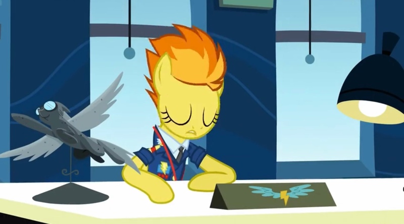 Size: 2160x1200 | Tagged: safe, derpibooru import, screencap, spitfire, pegasus, pony, wonderbolts academy, clothes, desk, desk lamp, drill sergeant, eyes closed, female, image, jpeg, lamp, mare, necktie, office, solo, spitfire's office, suit, uniform, window, wonderbolts dress uniform