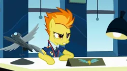 Size: 2160x1207 | Tagged: safe, derpibooru import, screencap, spitfire, pegasus, pony, wonderbolts academy, angry, clothes, desk, desk lamp, drill sergeant, image, jpeg, lamp, necktie, office, solo, spitfire's office, stern, suit, uniform, window, wonderbolts dress uniform