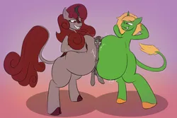 Size: 3000x2000 | Tagged: suggestive, artist:triksa, derpibooru import, oc, oc:pepper, oc:pitch pine, oc:wax feather, unofficial characters only, kirin, pegasus, pony, belly, big belly, bully, image, pinned, png, sharp teeth, simple background, size difference, smiling, squished, squishy, teeth