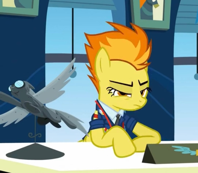 Size: 1380x1205 | Tagged: safe, derpibooru import, screencap, spitfire, pegasus, pony, wonderbolts academy, clothes, cropped, desk, desk lamp, drill sergeant, female, image, jpeg, lamp, lidded eyes, mare, necktie, office, solo, spitfire's office, suit, uniform, window, wonderbolts uniform