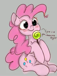 Size: 3072x4096 | Tagged: safe, artist:twiliset, derpibooru import, pinkie pie, earth pony, pony, candy, cute, food, gray background, happy, image, jpeg, looking at you, red face, say anything, simple background, smiling, smiling at you, solo