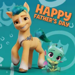Size: 1080x1080 | Tagged: safe, derpibooru import, official, hitch trailblazer, sparky sparkeroni, dragon, earth pony, pony, g5, my little pony: a new generation, my little pony: make your mark, :p, baby, baby dragon, cute, duo, duo male, father's day, grin, image, jpeg, looking at you, male, papa hitch, smiling, smiling at you, sparkybetes, stallion, text, tongue out