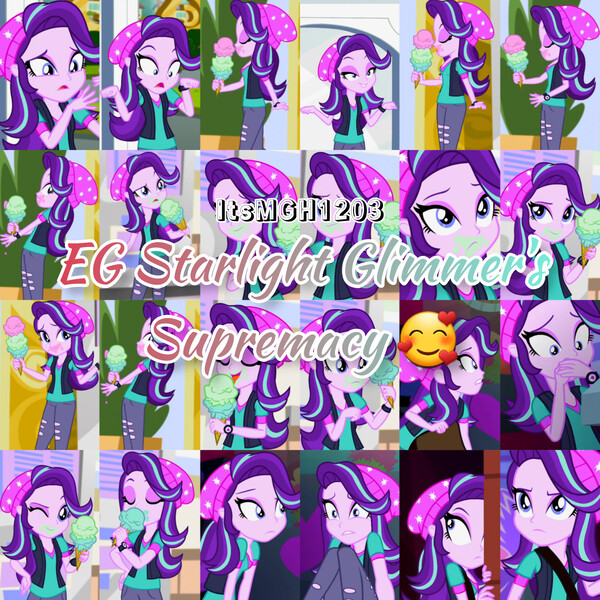 Size: 1920x1920 | Tagged: safe, derpibooru import, edit, edited screencap, editor:itsmgh1203, screencap, starlight glimmer, human, equestria girls, mirror magic, spoiler:eqg specials, beanie, canterlot mall, cinema, covering, covering mouth, eyes closed, female, food, frown, hat, ice cream, ice cream cone, image, jpeg, one eye closed, open mouth, open smile, smiling, solo, statue, text, that human sure does love ice cream, wink