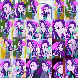 Size: 1920x1920 | Tagged: safe, alternate version, derpibooru import, edit, edited screencap, editor:itsmgh1203, screencap, starlight glimmer, human, equestria girls, mirror magic, spoiler:eqg specials, beanie, canterlot mall, cinema, covering, covering mouth, eyes closed, female, food, frown, hat, ice cream, ice cream cone, image, jpeg, one eye closed, open mouth, open smile, smiling, solo, statue, that human sure does love ice cream, wink