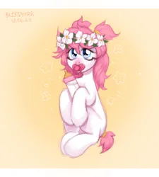 Size: 3000x3326 | Tagged: safe, artist:bloodymrr, derpibooru import, oc, oc:lily, earth pony, pony, abdl, age regression, bottle, cute, flower, flower in hair, image, pacifier, png, younger