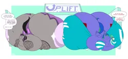 Size: 9263x4259 | Tagged: suggestive, artist:jangleforks, derpibooru import, oc, oc:felicity stars, oc:magna-save, unofficial characters only, pegasus, unicorn, ass, bbw, belly, big belly, blob, booth, both cutie marks, butt, chubby cheeks, clothes, dialogue, fat, female, fetish, fishnets, huge belly, huge butt, hyper, hyper butt, hyper obese, image, immobile, impossibly large belly, impossibly large butt, impossibly large everything, impossibly large thighs, impossibly obese, large butt, logo, magslicity, morbidly obese, nudity, obese, panties, pants, partial nudity, png, simple background, socks, stretched cutie mark, striped socks, the ass was fat, thighs, thunder thighs, underwear, yoga pants
