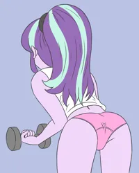 Size: 2362x2952 | Tagged: suggestive, artist:sumin6301, derpibooru import, starlight glimmer, equestria girls, bent down, clothes, facing away, image, panties, pink panties, pink underwear, png, ponytail, purple skin, sexy, sports panties, stupid sexy starlight glimmer, underwear, weight, weight lifting, weights, white shirt