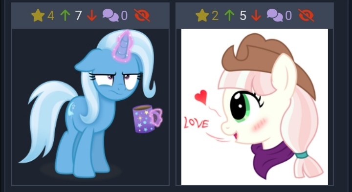 Size: 720x393 | Tagged: safe, artist:anime-equestria, artist:third uncle, derpibooru import, screencap, penny ante, trixie, oc, derpibooru, twibooru, image, jpeg, juxtaposition, meta