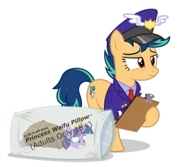 Size: 5500x5200 | Tagged: safe, artist:gypsykumquat, derpibooru import, twilight sparkle, oc, oc:blue fire, unofficial characters only, earth pony, pony, .svg available, absurd resolution, bag, bdsm, body pillow, bondage, clipboard, clothes, crown, delivery, earth pony oc, female, hat, image, inkscape, jewelry, mailbag, mailmare, mailmare hat, mailmare uniform, mailpony, mailpony uniform, package, pillow, plastic bag, png, regalia, rope, rope bondage, show accurate, simple background, solo, text, transparent background, uniform, uniform hat, vector