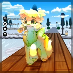 Size: 1500x1500 | Tagged: safe, artist:rose014_yt, artist:rosebutterfly014, artist:rosebutterfly014_yt, derpibooru import, oc, hybrid, original species, pony, butterfly wings, chest fluff, fluffy, green eyes, image, orange tulip, original character do not steal, png, snow, solo, sunshine, wings, yellow hair