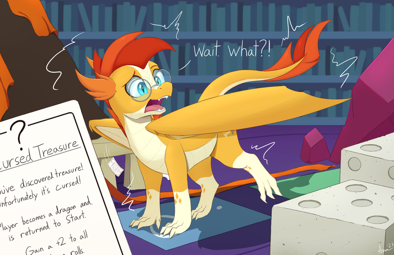 Size: 2000x1295 | Tagged: safe, artist:arcane-thunder, derpibooru import, sunburst, dragon, atg 2023, board game, book, bookshelf, dice, dragon pit, dragonified, glasses, image, indoors, library, male, newbie artist training grounds, open mouth, png, solo, species swap, transformation, twilight's castle, twilight's castle library, wait what, wings