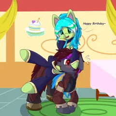Size: 3000x3000 | Tagged: safe, artist:dreamoonight, derpibooru import, oc, oc:d'na, oc:skywalk shadow, unofficial characters only, earth pony, pony, birthday, birthday cake, blue mane, blushing, brown mane, cake, carpet, clothes, derpibooru exclusive, desk, duo, earth pony oc, female, food, green eyes, green skin, grey skin, hoof shoes, image, looking at someone, male, multicolored hair, png, ponytails, red eyes, riding, riding a pony, socks, text