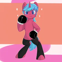 Size: 3000x3000 | Tagged: safe, artist:dreamoonight, derpibooru import, oc, pony, unicorn, blue eyes, blue mane, boxing gloves, clothes, confident, derpibooru exclusive, horn, image, looking at you, png, raised hoof, red skin, smiling, socks, solo, standing on two hooves, unicorn oc