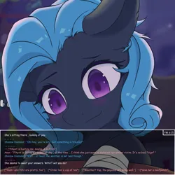 Size: 3000x3000 | Tagged: safe, artist:dreamoonight, derpibooru import, oc, oc:shadow diamond, bat pony, pony, bandage, bat pony oc, bat wings, blue mane, bust, dark skin, derpibooru exclusive, ear piercing, earring, image, jewelry, looking at someone, night, piercing, png, portrait, purple eyes, smiling, solo, speech bubble, text, wings