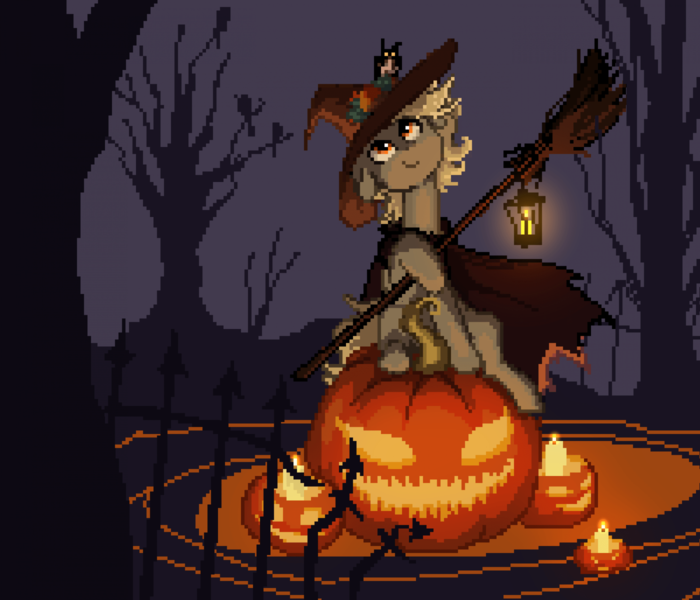 Size: 1920x1645 | Tagged: safe, artist:niehuaisang, derpibooru import, oc, unofficial characters only, bat, pony, broom, candle, halloween, hat, holiday, image, jack-o-lantern, lantern, png, pumpkin, solo, tree, witch hat
