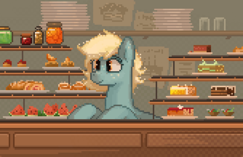 Size: 1920x1241 | Tagged: safe, artist:niehuaisang, derpibooru import, oc, unofficial characters only, earth pony, pony, cake, cinnamon bun, food, image, pastry, png, shop, solo, watermelon