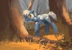 Size: 1920x1327 | Tagged: safe, artist:niehuaisang, derpibooru import, oc, unofficial characters only, pegasus, pony, forest, image, pegasus oc, png, raised hoof, scenery, solo, tree, wings