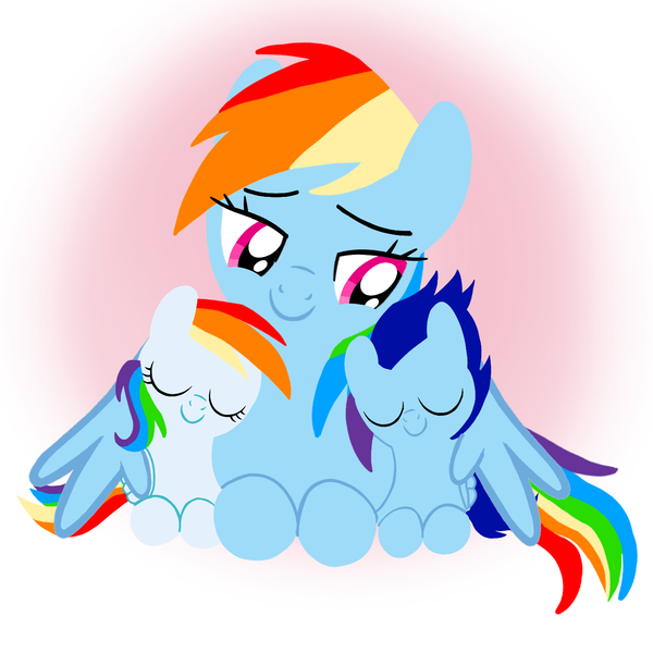 Size: 1400x1400 | Tagged: safe, artist:mlplary6, derpibooru import, rainbow dash, oc, oc:blue skies, oc:speedy dash, pegasus, pony, colt, eyes closed, female, filly, foal, hug, image, lying down, male, mare, momma dash, mother and child, mother and daughter, mother and son, offspring, parent:rainbow dash, parent:soarin', parents:soarindash, png, siblings, smiling, twins, winghug, wings