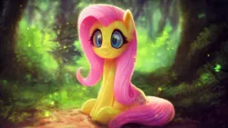 Size: 1920x1080 | Tagged: safe, derpibooru import, machine learning generated, firefly, fluttershy, g1, ai content, blue eyes, c:, cute, forest, forest background, generator:controlnet, generator:pony diffusion v4, image, jpeg, looking at you, prompter:marusame, sitting, smiling, solo, tree