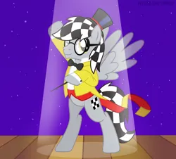 Size: 1000x903 | Tagged: safe, artist:jennieoo, derpibooru import, oc, oc:checkerboard, pegasus, pony, bowtie, conductor, happy, image, looking at you, png, scene, show accurate, smiling, smiling at you, solo